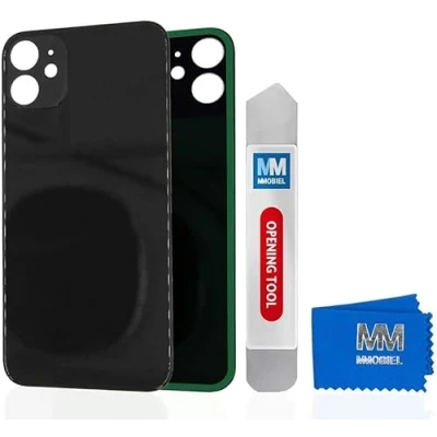 Abbildung von MMOBIEL Back Cover Akkudeckel Rückseite Rück Klappe Kompatibel mit iPhone 12 Mini 5.4 inch Schwarz inkl. Metall Hebelwerkzeug und Kleber