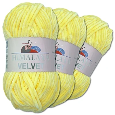 Abbildung von Wohnkult Himalaya 3 x 100 g Velvet Dolphin Wolle 40 Farben zur Auswahl Chenille Strickgarn Flauschwolle Glanz Accessoire Kleidung Decken (90002 Sonnengelb)