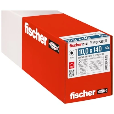 Abbildung von fischer PowerFast II WTP 10,0 x 140, kraftvolle Holzbauschraube mit Tellerkopf, Innenstern Aufnahme und Teilgewinde, für den konstruktiven Holzbau, 50 Stk.