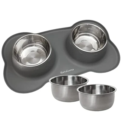 Abbildung von KaraLuna Napfunterlage aus Silikon mit Edelstahl Futternapf I Für Katzen &amp; Hunde (850ml, Grau)