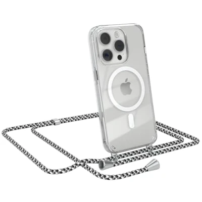Abbildung von EAZY CASE Handykette kompatibel mit iPhone 15 Pro Kette zum Umhängen Stoßfest Handyhülle für Silikon Hülle Band Handytasche Transparent als Fallschutz in Schwarz Camouflage