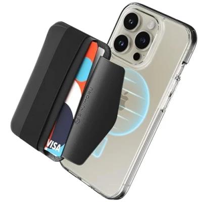 Abbildung von Sinjimoru Magnetischer Kartenhalter mit elastischem Fingerhalter, Handy Kartenetui weichem Band kompatibel MagSafe Wallet für iPhone 16, 15, 14, 13 &amp; 12 Reihe. M Schwarz