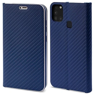 Abbildung von Moozy Hülle für Samsung A21s, Dunkelblau Carbon Metallischer Kantenschutz Klapphülle Handyhülle mit Kartenfach und Standfunktion