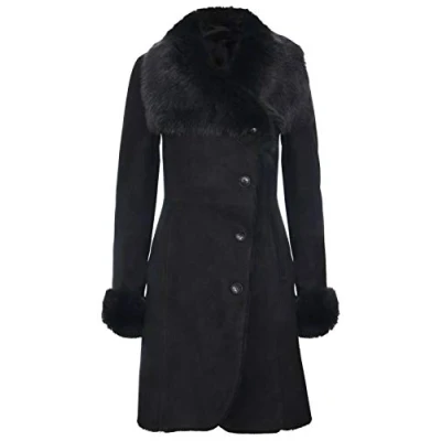 Abbildung von Infinity Leather Damen Warm Schwarz Suede Merino Shearling Schaffell Mantel mit Toscana Kragen L
