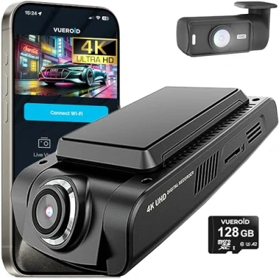 Abbildung von Vueroid D21 4K 2CH Dashcam, Dual Kanal Überwachung, Ultra HD Frontkamera, 128GB HDR WiFi Time Lapse Cam GPS Night Vision