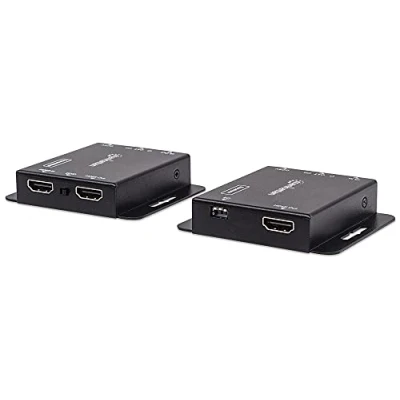 Abbildung von Manhattan 1080p HDMI over Ethernet Extender Kit, Verlängert mit 1080p@60Hz auf bis zu 50 m über ein Cat6 Netzwerkkabel, Infrarot Unterstützung, 1920 x 1200 Pixel, AV Sender &amp; Empfänger, 100 m, Kabelgebunden, Schwarz, HDCP