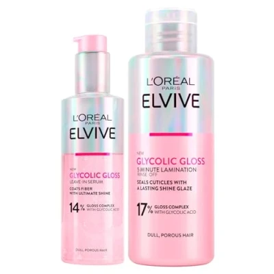 Abbildung von L&#039;Oréal Paris Elvive Glycolic Gloss Serum ohne Ausspülen für poröses und stumpfes Haar 150ml + 5 Minuten Laminierbehandlung Elvital Glykolglanz 200ml 2 Flaschen