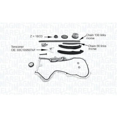 Abbildung von MAGNETI MARELLI 341500001200 Steuerkettensatz mit Ölpumpenkette Schrauben Kette geräuscharm, Simplex VOLKSWAGEN: GOLF 5 Schrägheck, 6