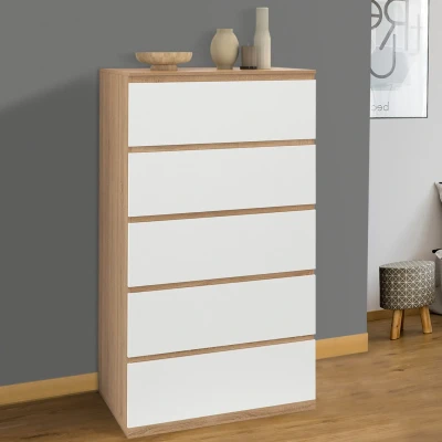 Abbildung von Chiffonier Wochenkommode aus Holz in Buchenholzoptik und weiß 60 cm 5 Schubladen IDMarket