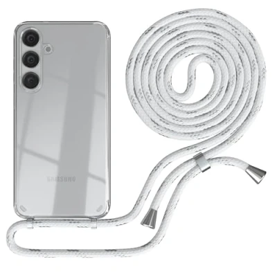 Abbildung von EAZY CASE Handykette kompatibel mit Samsung Galaxy S24 Plus Kette zum Umhängen für Hülle Band aus Silikon stoßfeste transparente Handyhülle als Fallschutz in Weiß/Silber