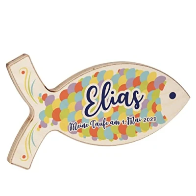 Abbildung von Striefchen® Personalisierter Deko Fisch aus Holz für Taufe, Kommunion und andere Anlässe 19,5 cm x 11 1 (B/H/T) Bunte Schuppen