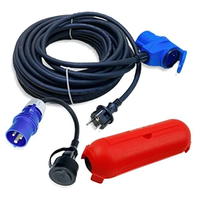 Abbildung von CEE Adapterleitung Set 15m Winkelkupplung an Schuko Stecker + Adapter Kabel u. Schutzbox rot H07RN F 3x2,5mm² 230V 16A Stromadapter Camping für Wohnmobil Wohnwagen Boot