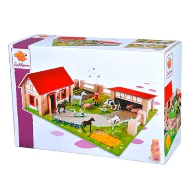 Abbildung von Eichhorn 100004304 Kleiner Bauernhof, bestehend aus 2 Gebäuden, Spielplatte, Figuren, Tiere, Zäunen, 20 TLG., 36 x 39 cm, Buchenholz, ab 3 Jahren