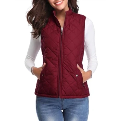 Abbildung von fuinloth Damen Weste, Leichte Steppweste Westen mit Reißverschluss Stehkragen Ärmellos Jacke Wein Rot XS