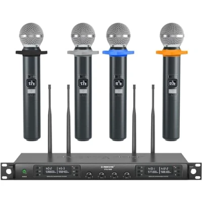 Abbildung von Phenyx Pro Quad Channel Wireless Mikrofon System, 4 Handheld Funkmikrofone, 4x40 Kanäle, Auto Scan, 328ft Reichweite, ideal für Gesang, Kirche, Karaoke (PTU 7000 4H)