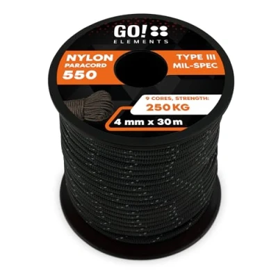 Abbildung von GO!elements 30m Paracord Seil aus reißfester Nylonschnur 4mm 550 Typ III Schnur geeignet als Allzweckseil &amp; Reepschnur Max. 250kg, Farbe: Schwarz Reflektierenden