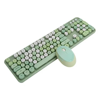Abbildung von Drahtlose Tastatur und Mauskombination für Windows, Retro Vintage Design Mauspaket mit USB Empfänger Computer, Ergonomische FN + Mutilmedia Taste(Grün)
