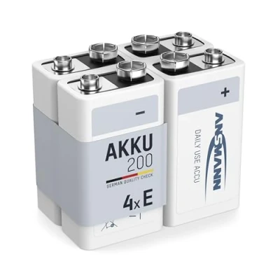 Abbildung von ANSMANN Akku 9V Block 200mAh NiMH 4 Stück mit geringer Selbstentladung Wiederaufladbare Batterien maxE hoher Kapazität 9 Volt Batterie für Messgerät Multimeter Spielzeug Fernbedienung uvm.