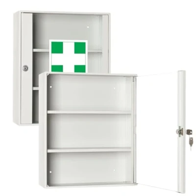 Abbildung von LEOMAR Medizinschrank, Apothekerschrank aus Stahlblech, mit 2 Ablagen, Abschließbar, Hausapotheke inkl. Schlüssel, Medikamentenschrank, Erste Hilfe Schrank Glastüren 14 x 35 42 cm