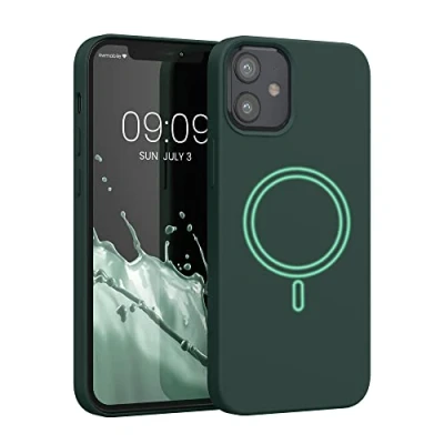 Abbildung von kwmobile Hülle kompatibel mit Apple iPhone 12 Mini magnetisches Silikon Case MagSafe Cover gummiert Moosgrün