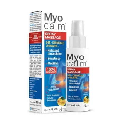 Abbildung von MYOCALM Spray für Muskeln, entspannend, Rücken, Lenden, Nacken und Waden, Formel mit 4 Pflanzenextrakten 3 beruhigenden ätherischen Ölen, 100 ml 3C PHARMA