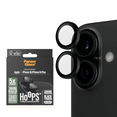 Abbildung von PanzerGlass® Hoops Kameralinsenschutz für Apple iPhone 16 Plus aus Keramikglas Schutz mit Stil, Kratzfest, stoßfest, schwarzer Aluminiumrahmen Montagehilfe einfache Installation