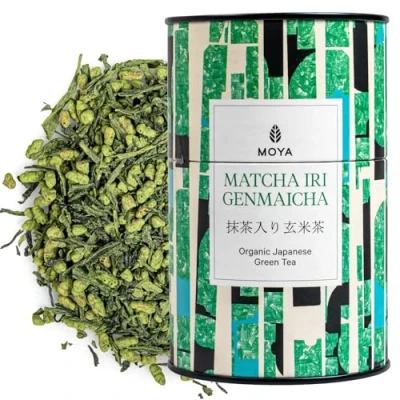 Abbildung von Moya Matcha Bio japanischer Iri Genmaicha Grüntee lose Blätter 60g Sencha mit Reis und Tee aus Japan Veganfreundlich Verpackt in mehrfarbiger Kartondose