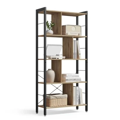 Abbildung von VASAGLE Regal, Bücherregal, Büroregal mit 5 Ebenen, Standregal, Aufbewahrungsregal, groß, Metallgestell, kamelbraun tintenschwarz LBC012B50