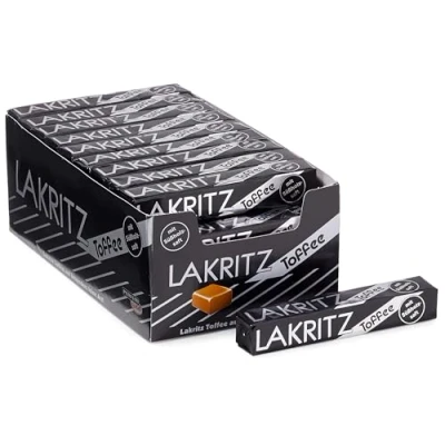 Abbildung von Lakritz Toffee Kaubonbons mit Süßholzsaft, 40 Stangen Toffees Geschmack als Vorratspackung oder Verkaufsdisplay, zartschmelzende Dragees