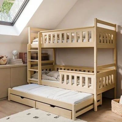 Abbildung von Kids Collective Hochbett 90x200 mit Ausziehbett Etagenbett Ausziehfunktion, Zwei Schubladen, Lattenrost, Rausfallschutz, umbaubar in DREI Einzelbetten, Vollholz massiv Natur