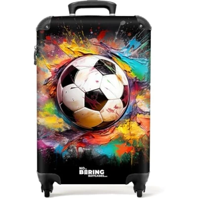 Abbildung von NoBoringSuitcases.com© Kinderkoffer Fußball umgeben von Farbklecksen 55x35x20cm, 4 Rollen, Reisetasche mit Koffer Handgepäck Flugzeug