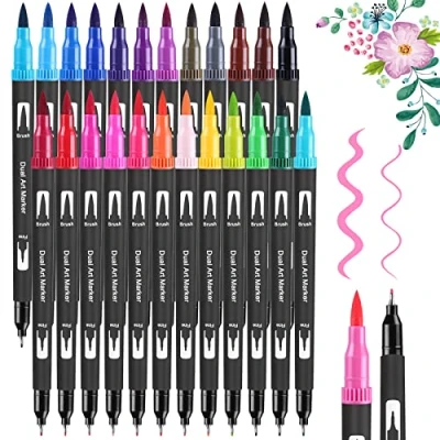 Abbildung von FURNIZONE Dual Brush Pen Set 24 Farben Aquarellstifte Filzstifte Set, Manga Stifte, Kalligraphie Stifte für Aquarell Handlettering Bullet Journal, Fasermaler(1 2 mm) und Fineliner(0,4