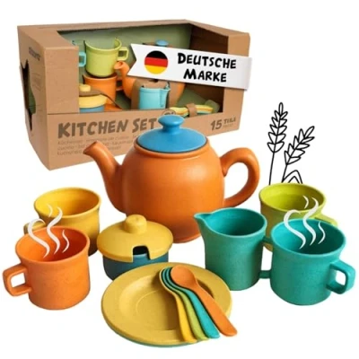 Abbildung von alldoro Spielgeschirr 60422, Set mit Teekanne, ecofriendly aus Kunststoff Weizenstroh Mix, 15 Teile