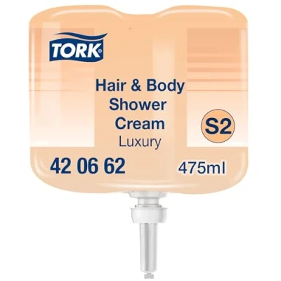 Abbildung von Tork luxuriöse 3‑in‑1 Hair &amp; Body Mini Duschcreme S2, Argan Vanille Duft, 475 ml, 420662