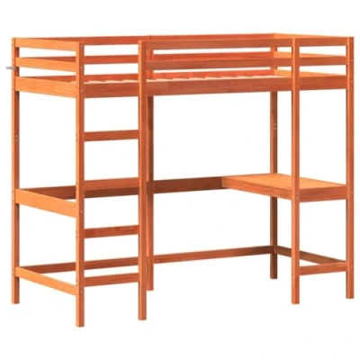 Abbildung von vidaXL Hochbett mit Schreibtisch, Bett für Kinder ab 6 Jahren, Stockbett Sperrholzlatten, Etagenbett Kinderbett, Wachsbraun 100x200cm Massivholz Kiefer