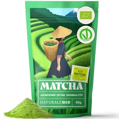 Abbildung von Bio Green Tea Pulver 50g. Zum Kochen und Backen. Originaler japanischer Matcha. Grüner Tee aus Japan, Vegan, Gluten &amp; Gentechnik frei. NaturaleBio. Natürliches Produkt.