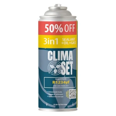 Abbildung von ClimaSet 3in1 R1234yf Kältemittel Ersatzgas Kühlmittel Klima Auto mit Dichtmittel und Öl Gasflasche 1x235 g Klimaanlage Nachfüllset Wohnmobil ECO