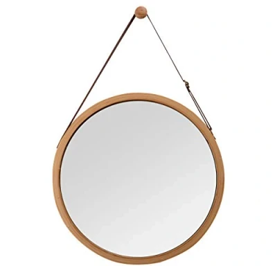 Abbildung von ZRI Bamboo Wandspiegel Rund Flur Spiegel Badspiegel mit Verstellbarer Lederband 38cm (braun, 38 cm)