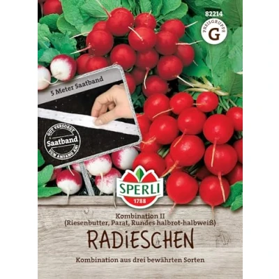 Abbildung von Sperli Radieschensamen Kombination II, Saatband 82214 Abwechslung im Beet, einfache Aussaat, hohe Erträge, Gemüsesamen, knackig und mild Geschmack, Pflanzen für 5 lfd. Meter
