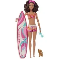 Abbildung von Barbie Anziehpuppe mit Surfbrett und Hündchen, beweglich, brünett
