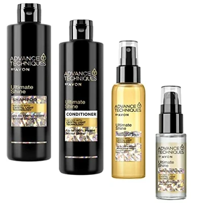 Abbildung von Avon Set Advance Techniques Ultimate Shine Shampoo 400ml + Pflegespülung 250ml Glanz Pflegespray 100ml Haarspitzenfluid 30ml