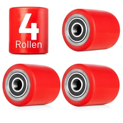 Abbildung von 4 Stück Gabelhubwagenrolle Polyurethan (PU) rot 80x70 mm Achse 20mm Laufrolle Rad Hubwagen Rollen inkl. Kugellager