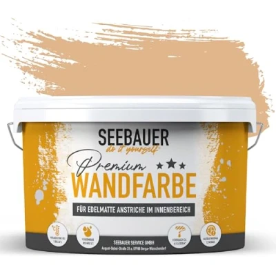 Abbildung von SEEBAUER diy Wandfarbe orange 5L für Innen (No. 526 Peanut Butter) Edelmatte Innenfarbe Orangetöne sehr hohe Deckkraft Matt, Abwaschbar und Tropffrei