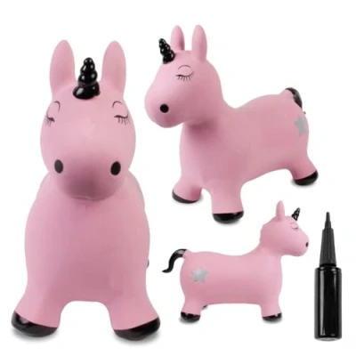 Abbildung von sun baby Hüpftiere ab 1 Jahr Mit Pumpe aufblasbares Hüpfspielzeug aus Hochwertigem und Strapazierfähigem Gummi, Verschiedene Designs (Rosa Einhorn Schwarzem Horn)