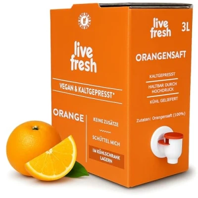 Abbildung von LiveFresh Orangensaft 3 Liter Saftbox Kaltgepresst Aus 100% frischen Oragnen keine Zusätze, Zuckerzusatz Bag in Box Orange