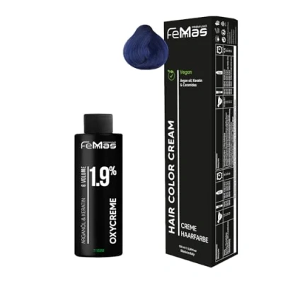 Abbildung von Femmas Haarfarbe Set Blau I Hair Color Cream 100ml + Oxycreme 1,9% Permanente Haar Coloration Entwickler Schonend &amp; langanhaltend Salon für Zuhause