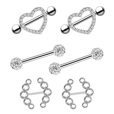 Abbildung von LEEQ 6 Stücke 14 G Nippel Zunge Ring Barbell Edelstahl Herz Gebogene Form Ringe für Schmuck Piercing, Stahl Farbe