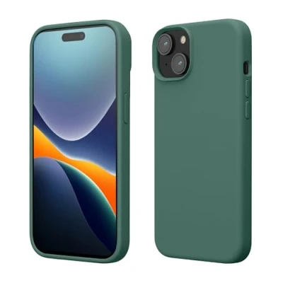 Abbildung von kwmobile Hülle für das iPhone 15 Silikon Handy Case stoßfeste Handyhülle mit weicher Oberfläche Tannengrün