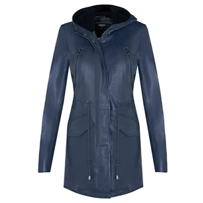 Abbildung von Infinity Leather Parker Jacke Aus Navy Blau Leder Mit Kapuze Und Mehreren Taschen 2XL