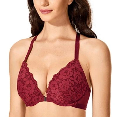 Abbildung von DOBREVA Damen Vorderverschluss BH mit Bügel Push Up Spitzen Neckholder BHS Racerback Tiefer Ausschnitt Gepolsterter Cerise 75C